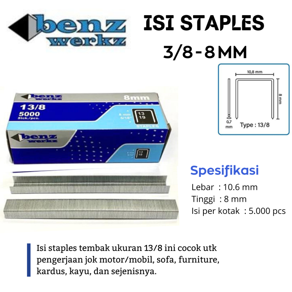

Benz isi staples 13/8 - 8 mm / Isi Staples Manual / Staples Tembak Guntacker Merek BENZ WERKZ
