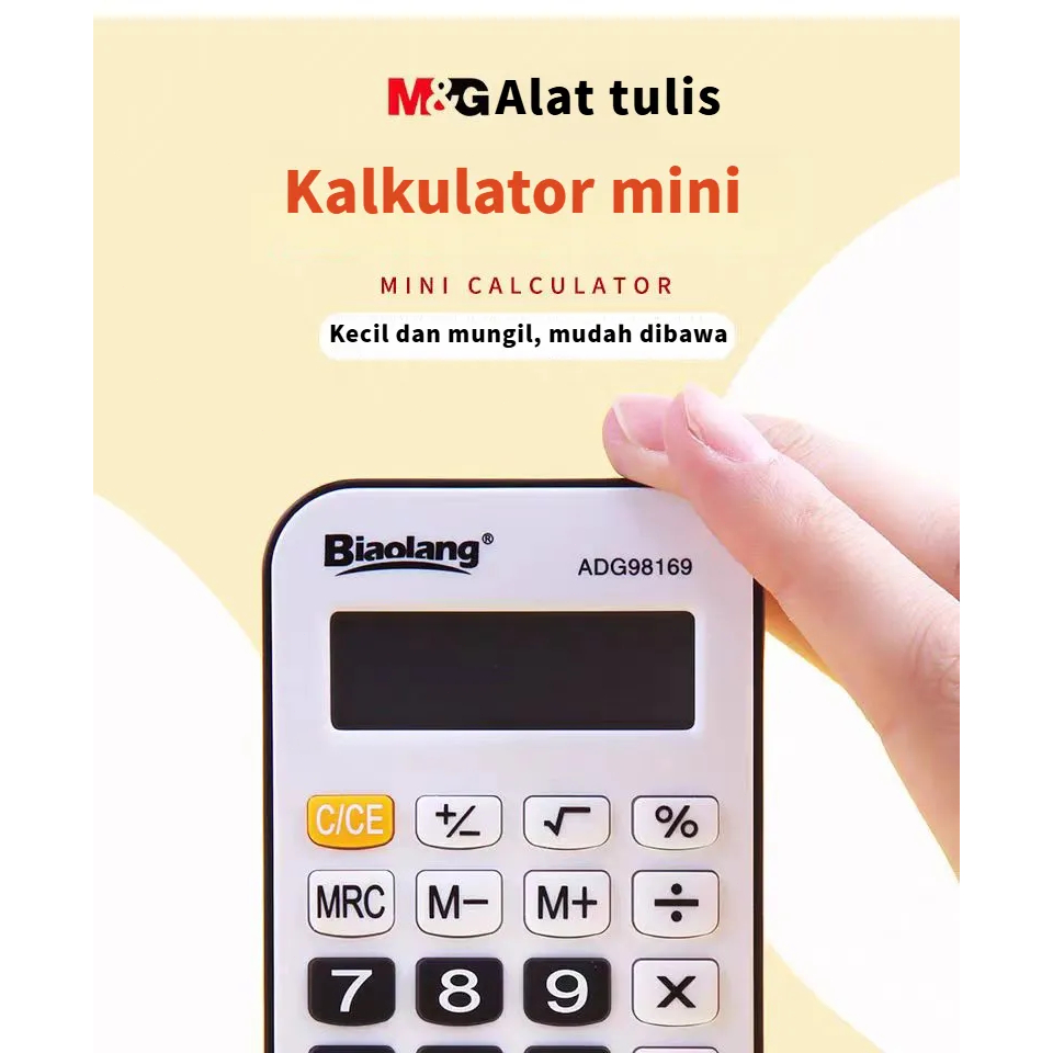 

Kalkulator mini portabel ujian untuk pelajar dari M&G. Kalkulator komputer kecil warna-warni bergaya kartun. Warna permen, kecil dan bisa dibawa kemana-mana. Untuk siswa SD. Kreatif dan bergaya modis.