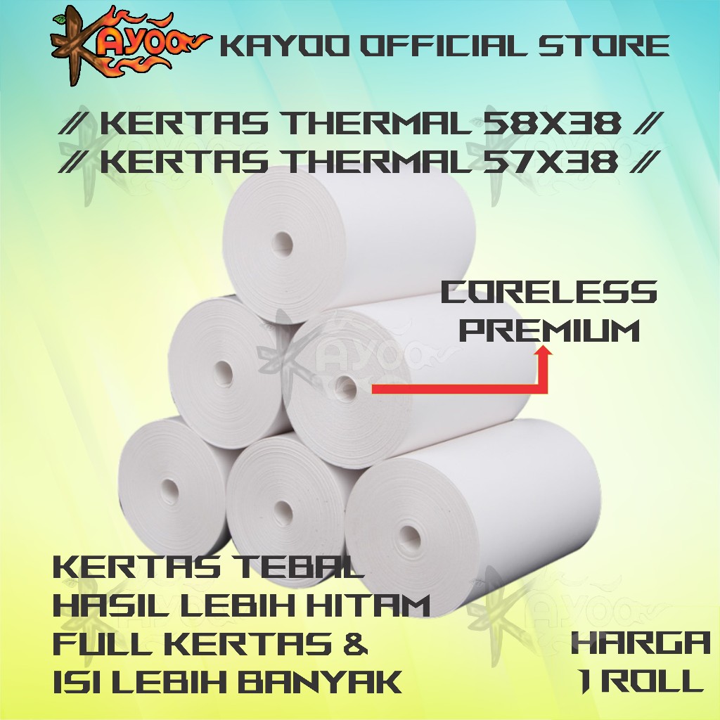 

KERTAS THERMAL STRUK KASIR / PPOB PAPER ROLL 58X38 / 57X38 TERMAL POS RECEIPT MINI PRINTER BLUETOOTH 58MM 58X38MM 57X38MM CORELESS PANDA VSC EPPOS