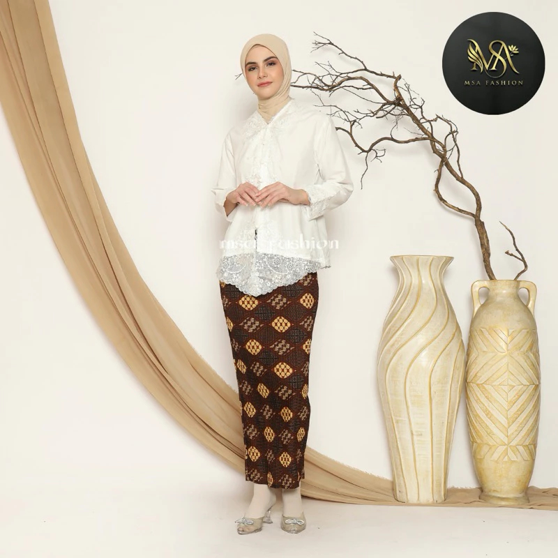 SETELAN SET ATASAN + ROK PLISKET KEBAYA ENCIM BORDIR TANGAN PANJANG POLOS WARNA/BAJU KEBAYA KATUN MO