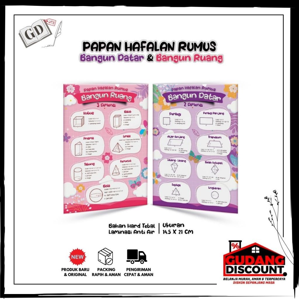 

GD//Papan Hafalan Rumus Bangun Datar & Bangun Ruang Bahan Hard Tebal Laminasi Anti Air 14,5 x 21 cm, Dua Warna Depan dan Belakang