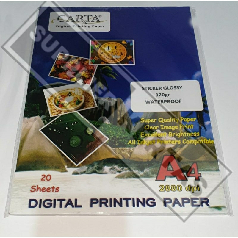 

Kertas Sticker Glossy Photopaper Carta 120gr uk A4 isi 20 Lbr/Kertas Sticker glossy(Kilap)