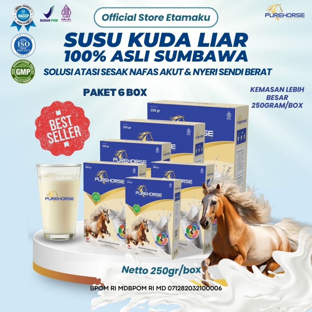 

Susu Kuda Pure Horse 100% Original dari Sumbawa Untuk Keluhan Sesak Nafas Akut dan Nyeri Sendi Berat Kemasan 250gram Paket 6 Box