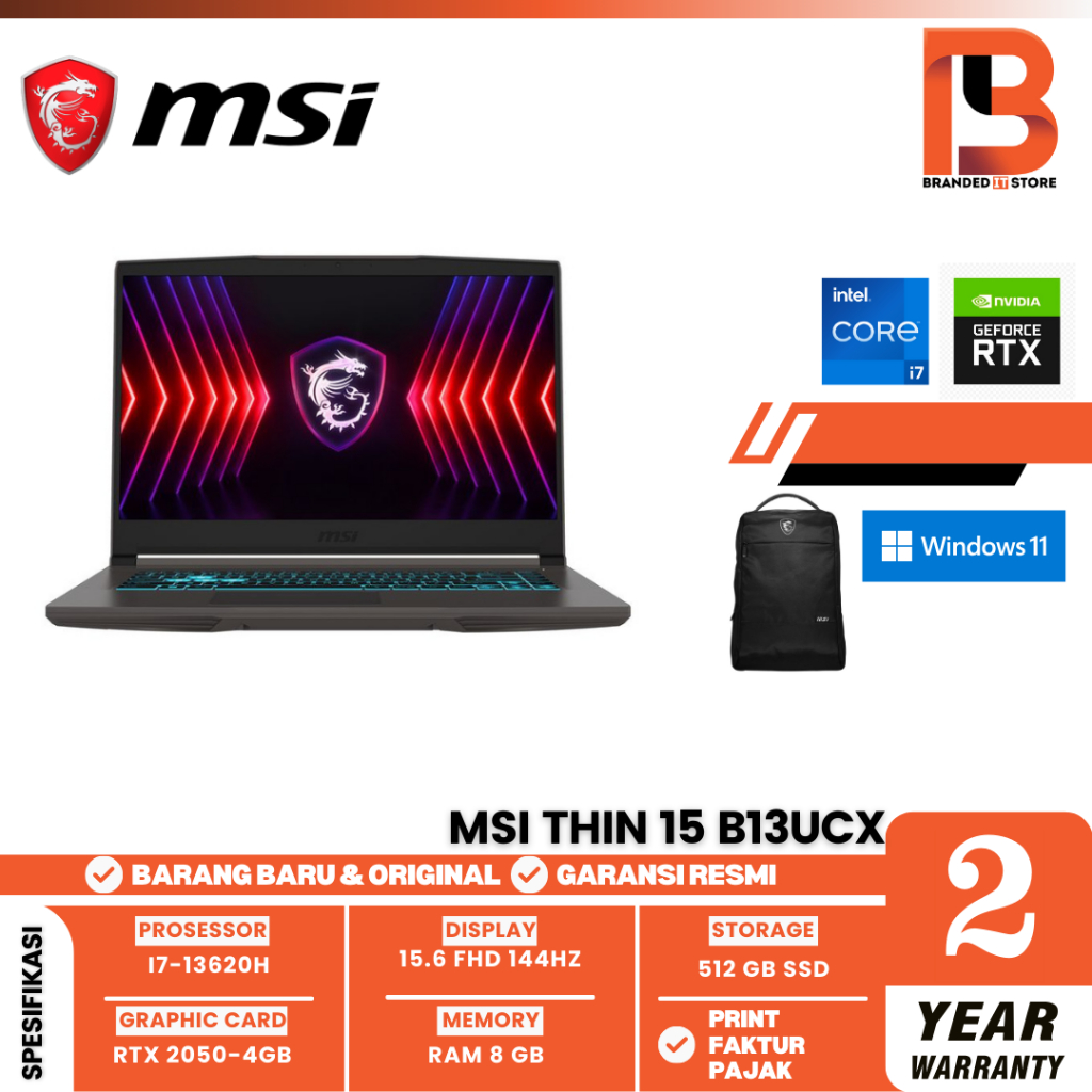 MSI Thin 15 B13UCX Laptop 15.6" i7-13620H RTX2050 8GB 512GB Gray