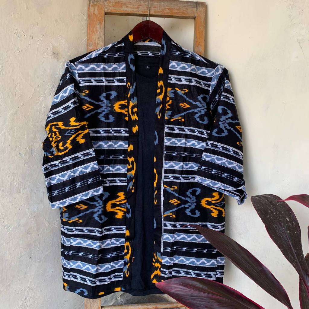 Wolv Kimono Outer Unisex Jumbo Loose Casual Lengan Pendek Outer Cardigan Pria Etnik Outerwear Tenun