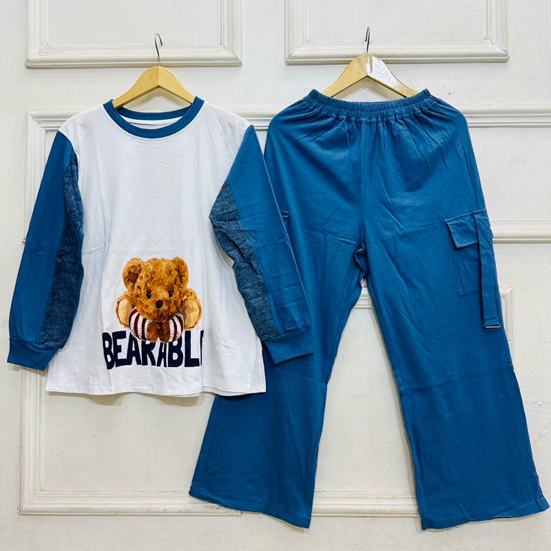 Setelan Celana Gress Wanita Kekinian Bahan Combed Kombinasi Jeans Celana Saku Cargo, Setelan Terpopu