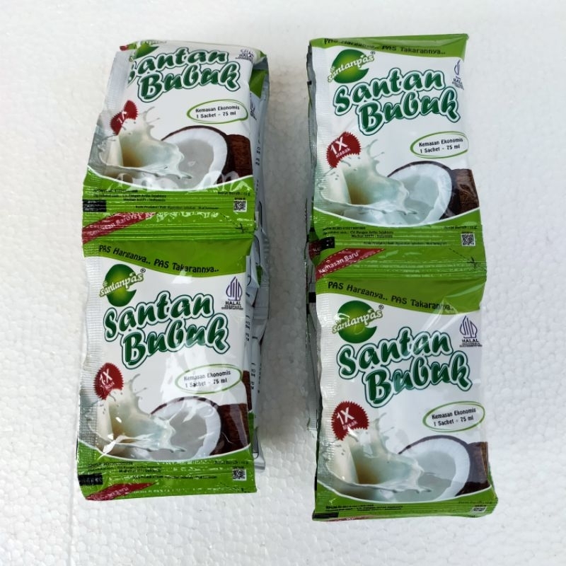 

Santanpas. santan bubuk satu renteng isi 10 sachet. berat bersih 13 gram per sachet