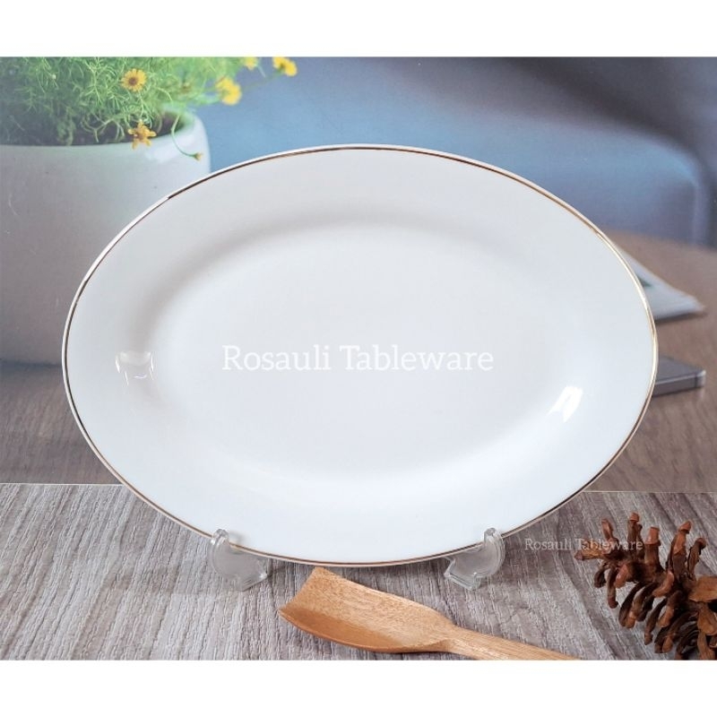 1 Pcs Piring Saji Oval Keramik Kecil 24,5 cm | Piring Lodor | Tebal | Gold Line | Best Quality