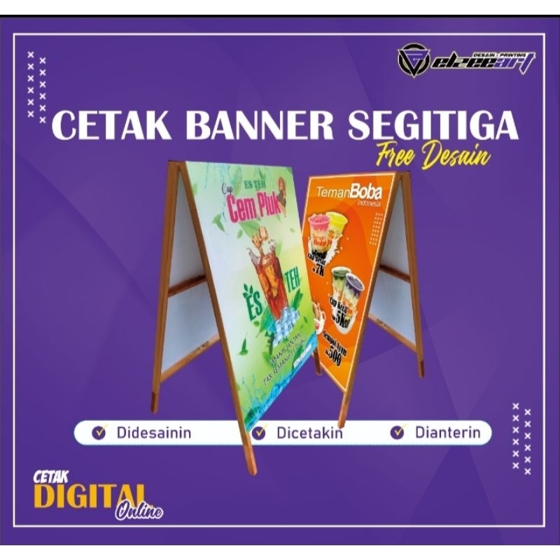 STAND BANNER SEGITIGA RANGKA KAYU UNTUK JUALAN