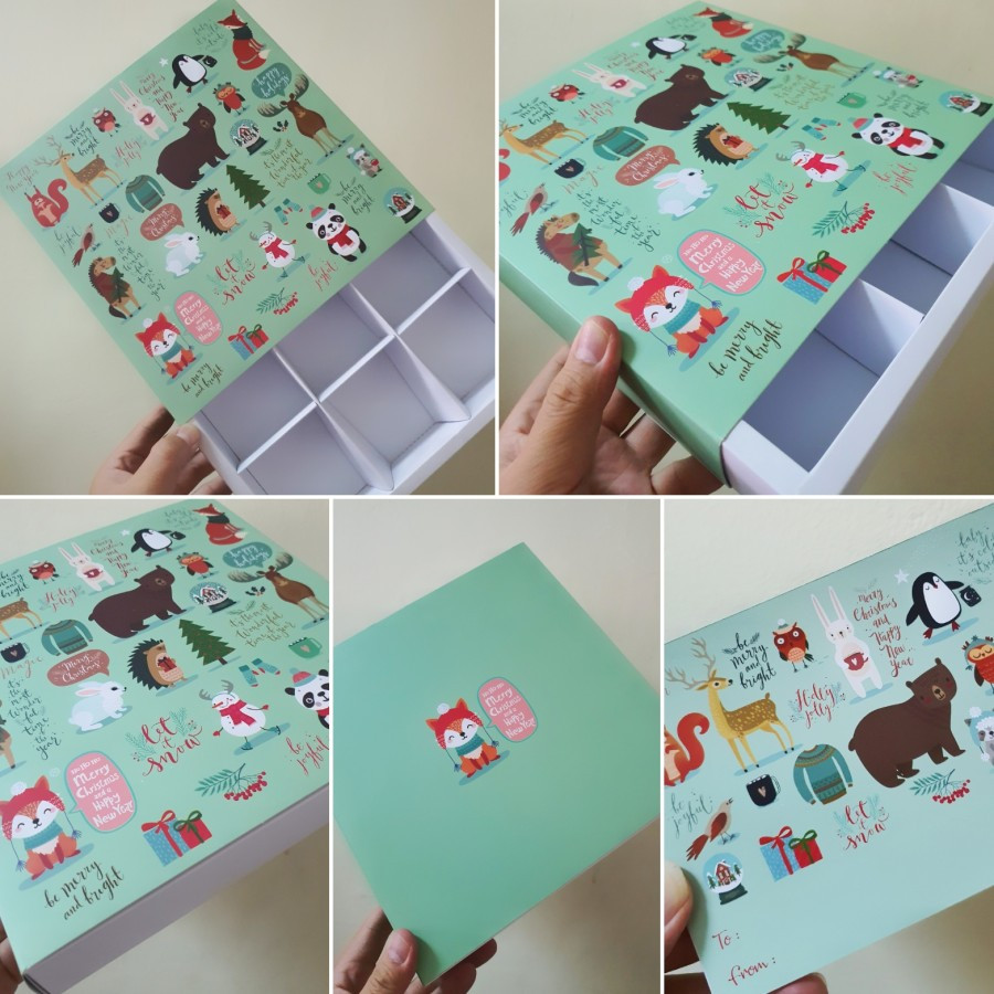 

( 5 pcs ) dus ivory kue natal motif tutup green christmas sekat 9 box packaging kemasan kue fruitpie, eddtart, cookies, pie susu ukuran 22x22x4.5 cm