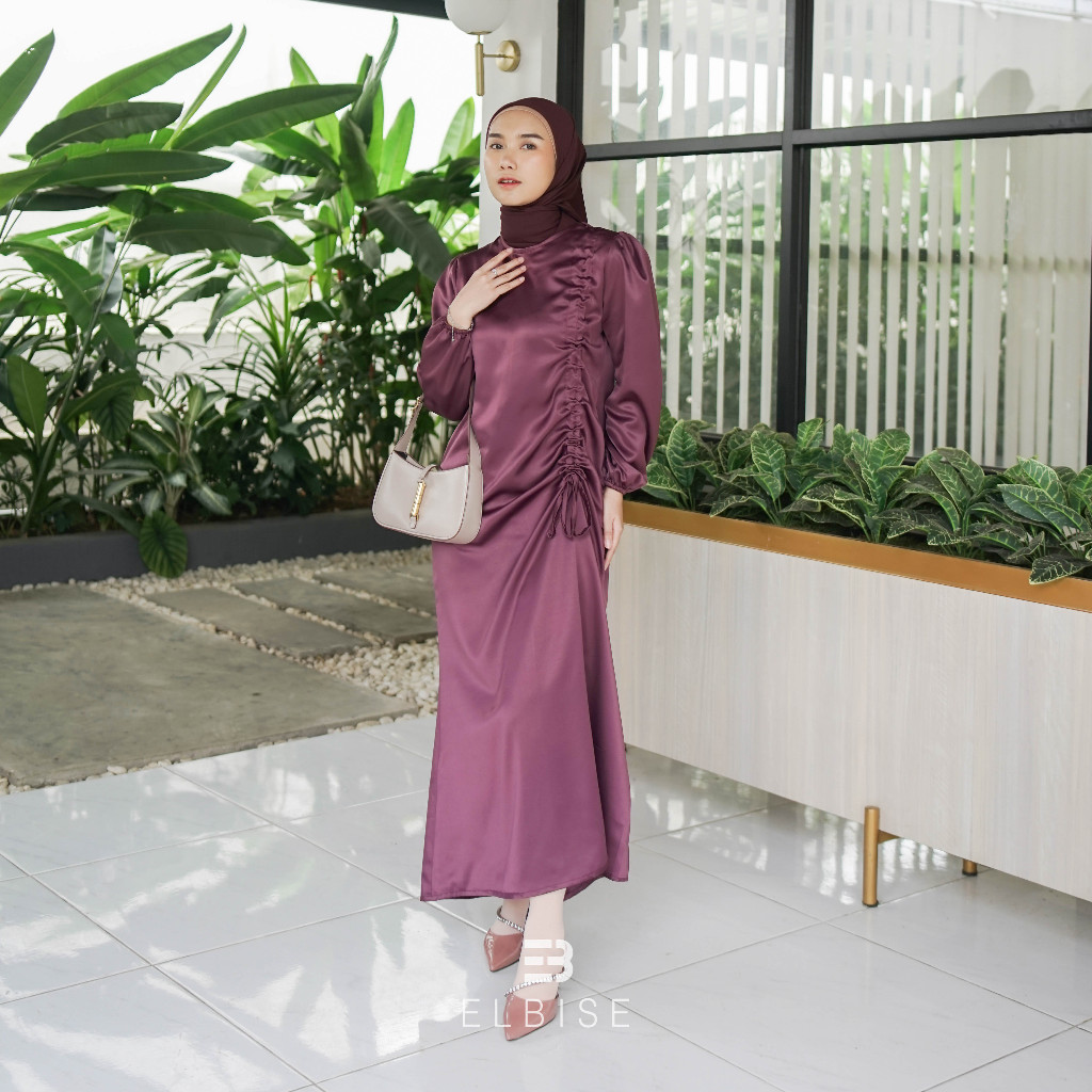 Mandhari Dress Serut Lengan Balon Baju Kondangan Wanita Satin Silk Gamis Lebaran Wisuda