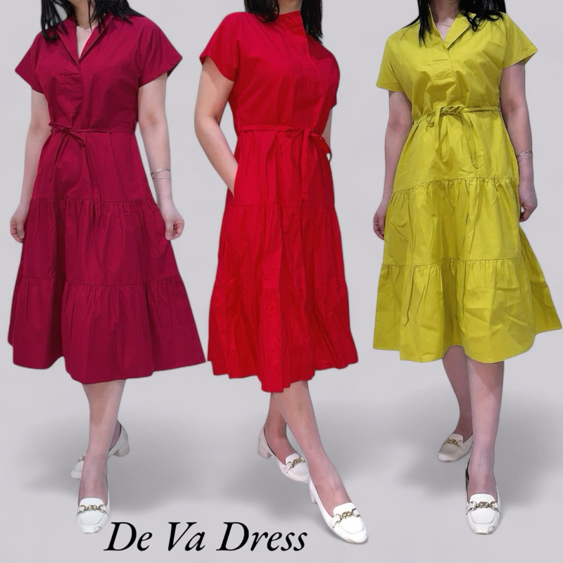 Dress Midi katun Poplin Polos Lengan pendek Edisi Natal, De Va Dress#