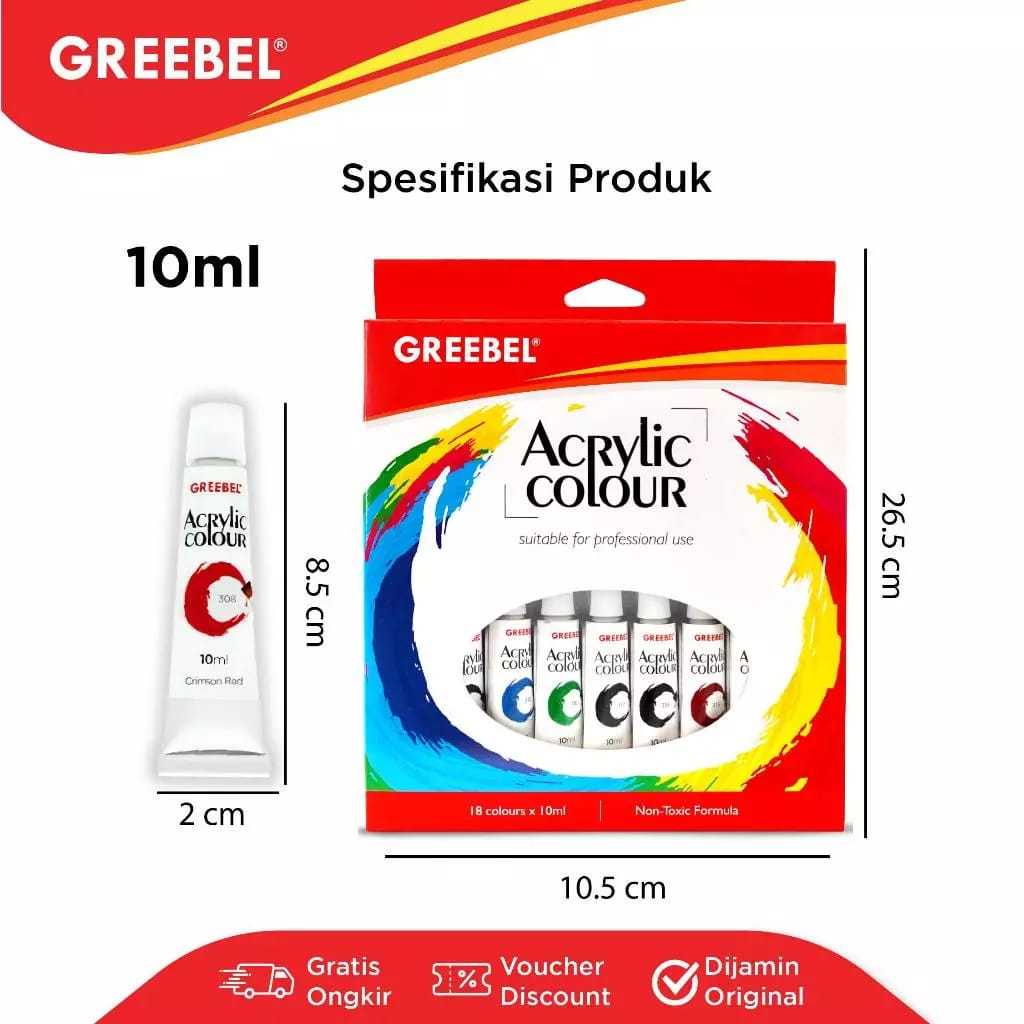 

GREEBEL ACRYLIC PAINT 18X10ML / CAT AKRILIK MEREK GREEBEL 18 WARNA 10ML