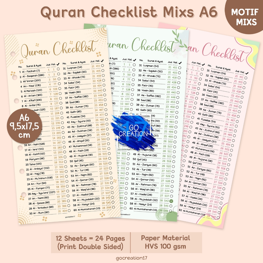 

Buku Planner Refill Kertas Binder Quran Checklist Motif Premium A6