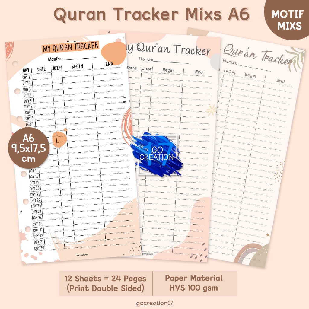 

Buku Planner Refill Kertas Binder Quran Tracker Motif Premium A6