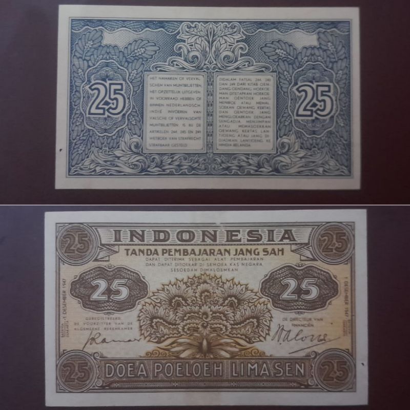 Uang Kuno Indonesia 25 Sen Federal 1947 Original 100% AUNC Kertas Utuh masih Renyah