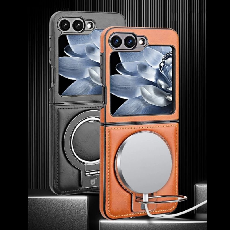 SAMSUNG Z Flip 3 / Flip 4 / Flip 5 / Flip 6 Flip Magsafe stand Leather Back Case Cover Casing Kulit