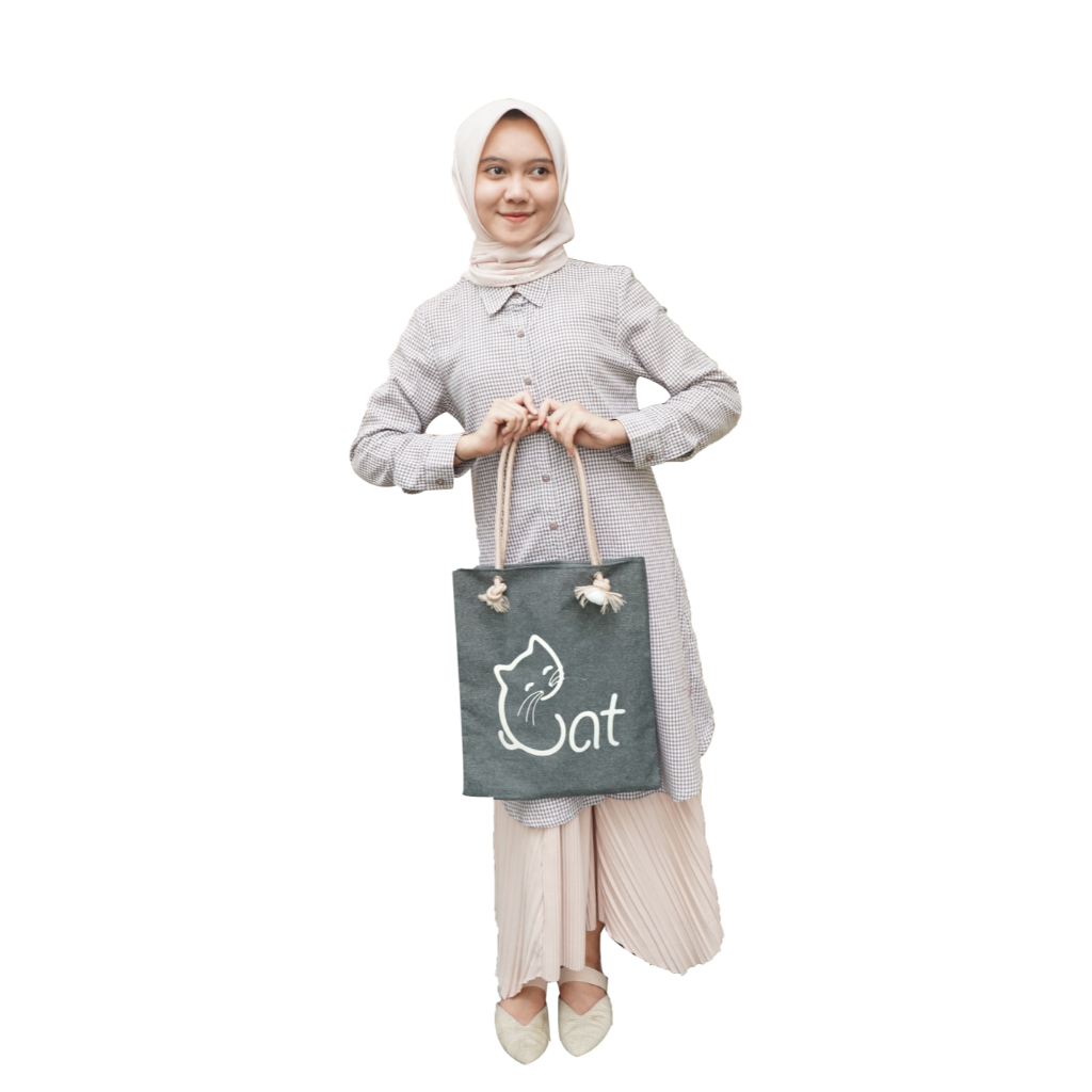 Tote Bag Tas Wanita Motif Cat Kucing Lucu Resleting Tali Sumbu Premium