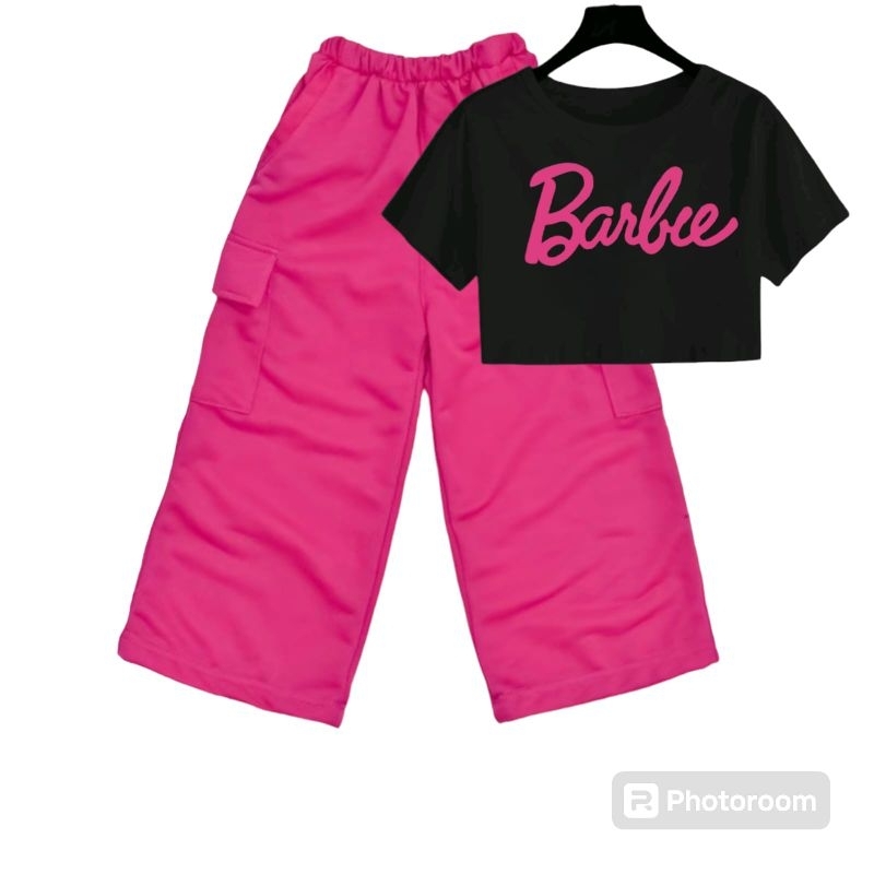 Setelan Anak Perempuan BARBIE Kaos Crop Top dan Celana Cargo Usia 5-12 Tahun Model kekinian
