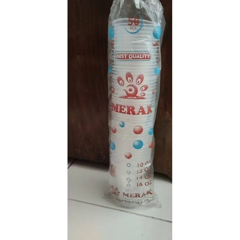 Gelas plastik ukuran 14 Oz, merk Merak.