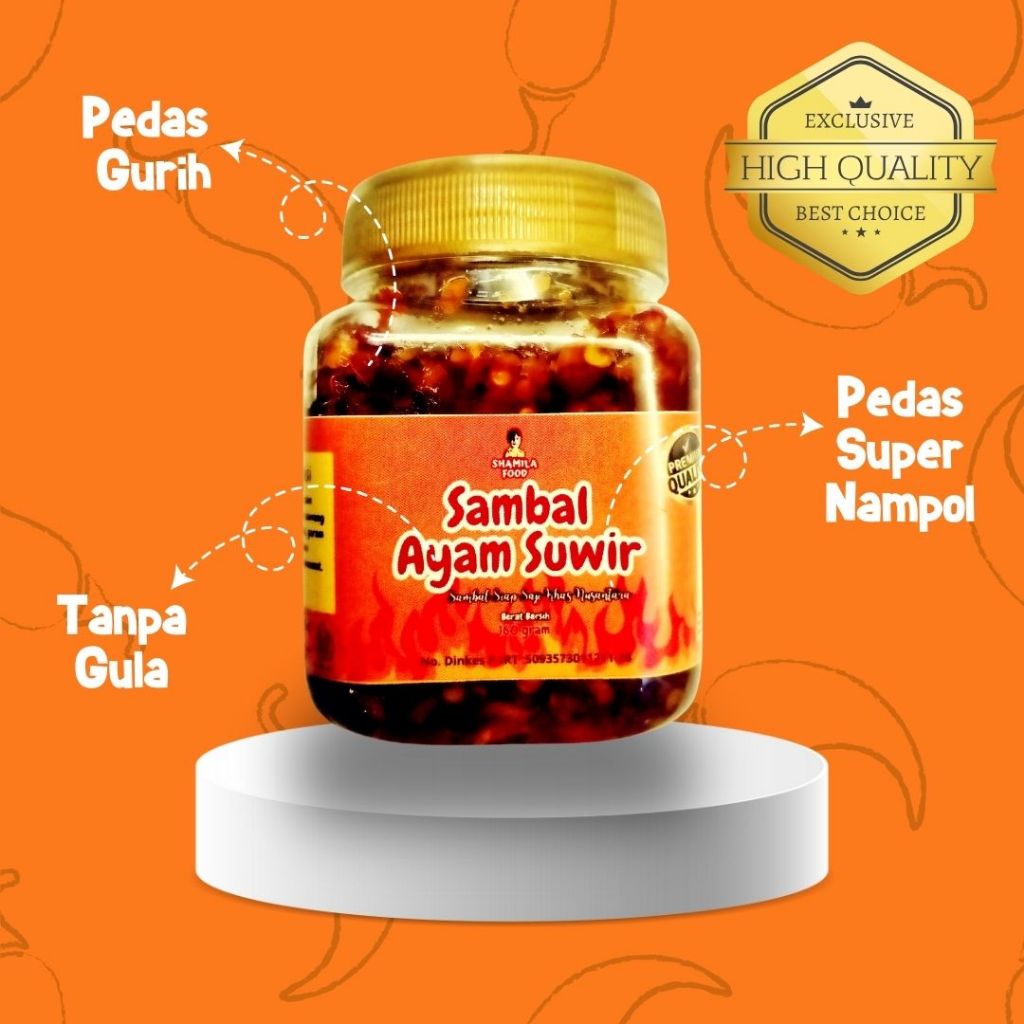 

Sambal Shamila | Sambal Ayam Suwir Botol 160 Gram | Sambal pedas Gurih | 100% tanpa Gula