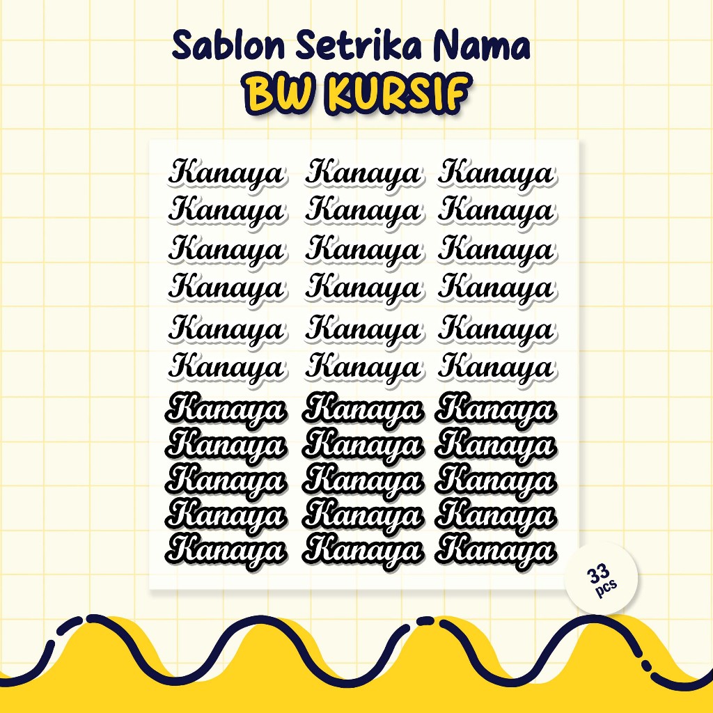 

Sablon Setrika Nama, Sablon DTF Nama, Tema Kursif Black & White by Sablon Nama