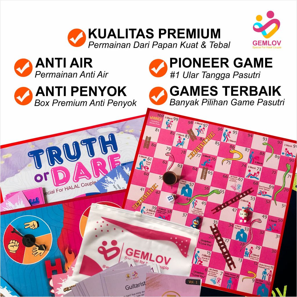 GEMLOV Game Pasangan Pasutri, Ular Tangga,Truth or Dare Couple Games Kado Pernikahan Unik Bermanfaat