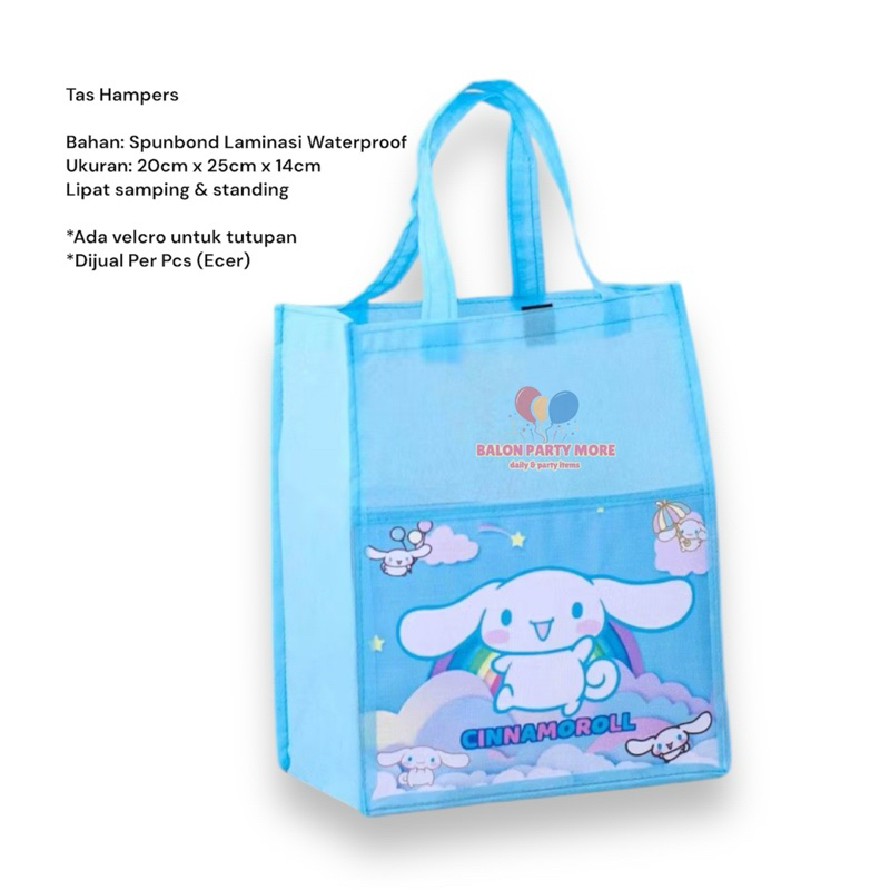 

(ECERAN CINNAMOROLL) TAS HAMPERS SOUVENIR BAHAN SPUNBOND MURAH LAMINASI UKURAN 20cm x 25cm x 14cm / TAS SERBAGUNA ANTI AIR MURAH / Kuromi Sanrio Cinnamoroll