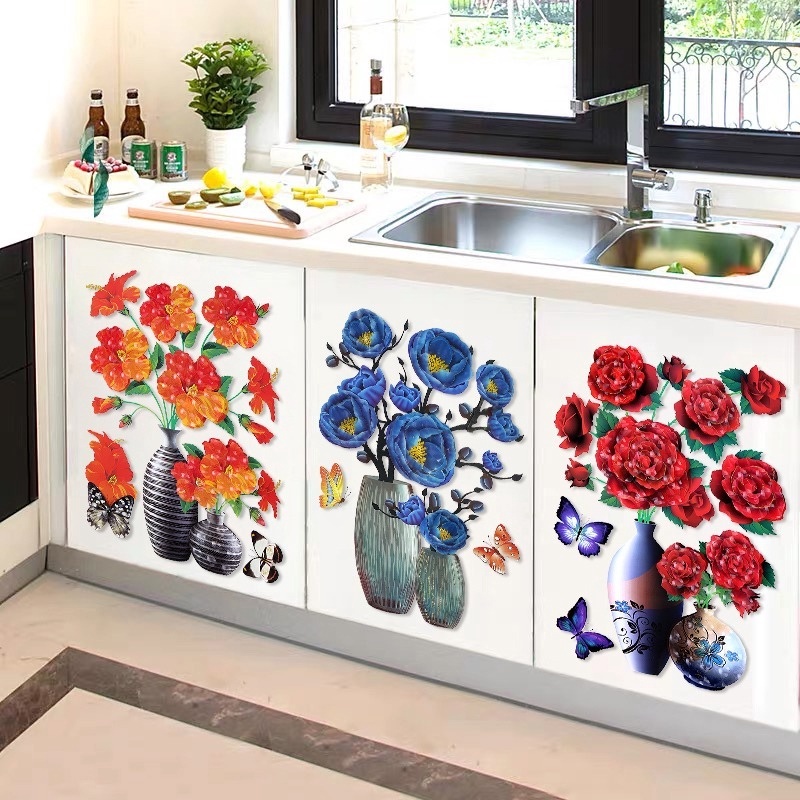 Sticker Dinding Kulkas Motif Bunga 3D Wallpeper Dinding Motif Bunga