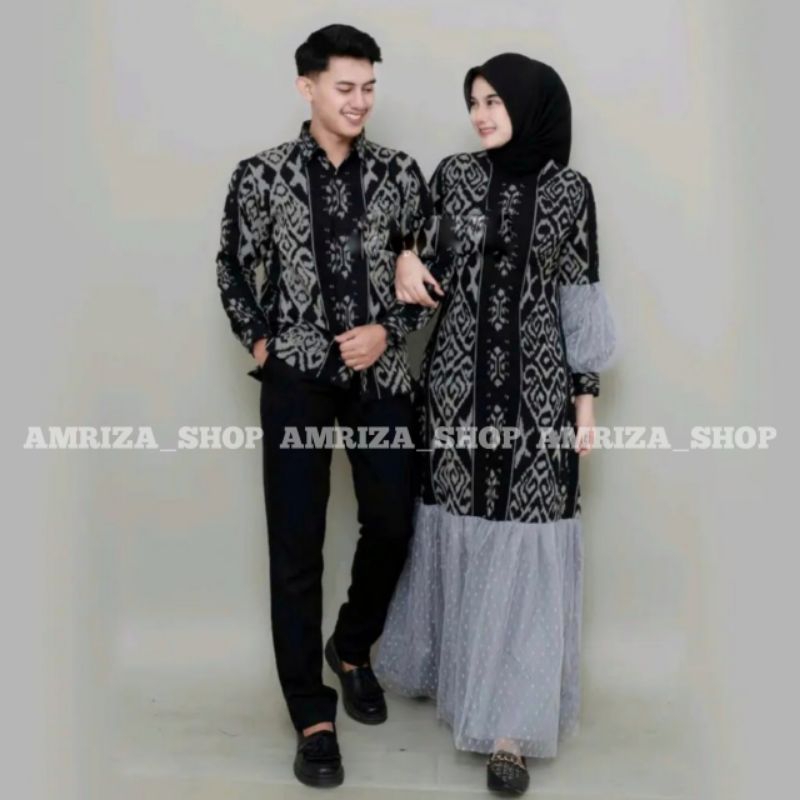 AMRIZA, BAJU TENUN COUPLE, GAMIS SAHARA HITAM TILLE, SET COUPLE PASANGAN, BAJU COUPLE LEBARAN