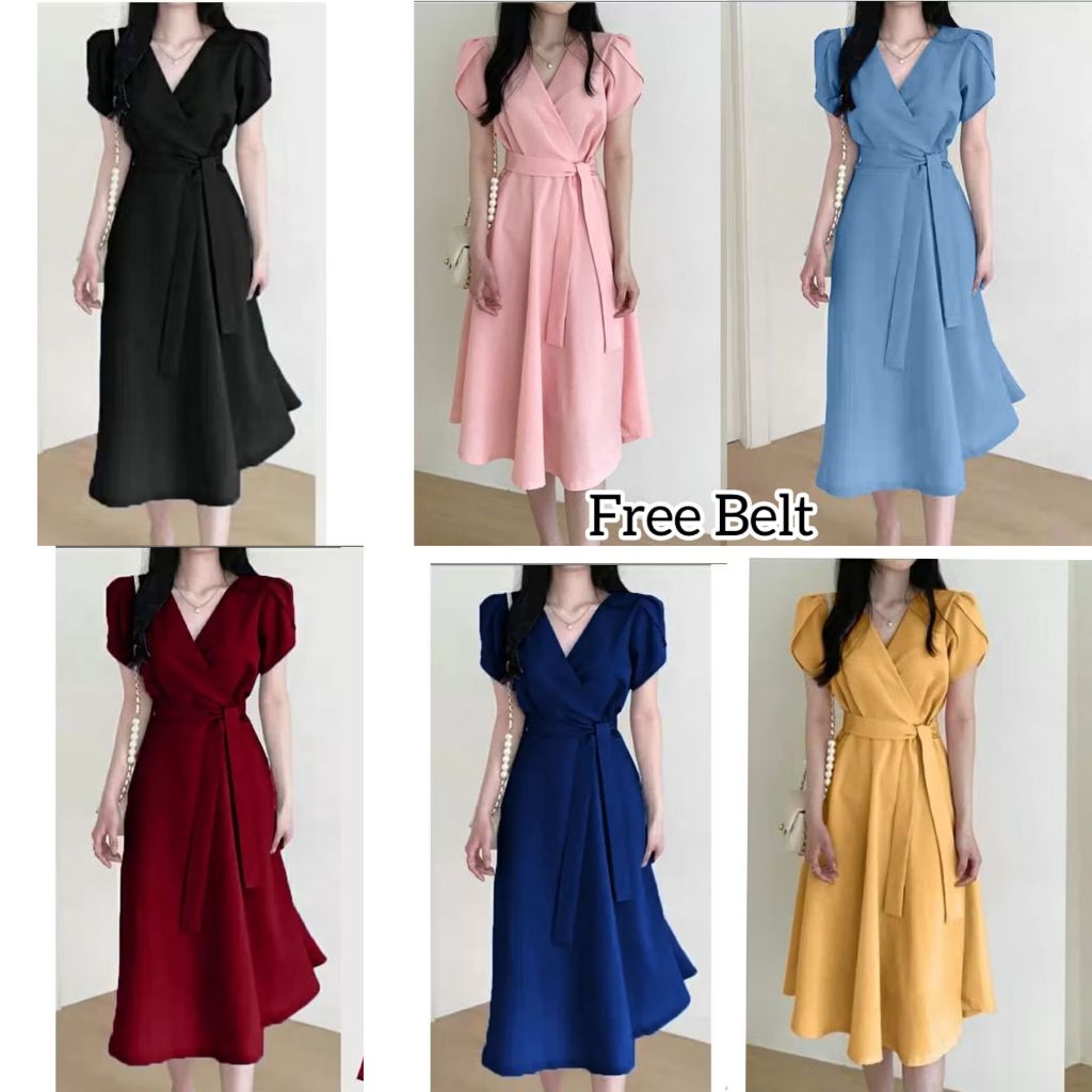 Baju Wanita Dres Casual Terbaru Murah Free Belt Pakaian Dress Wanita Korea Dres Natal Imlek Lebaran 