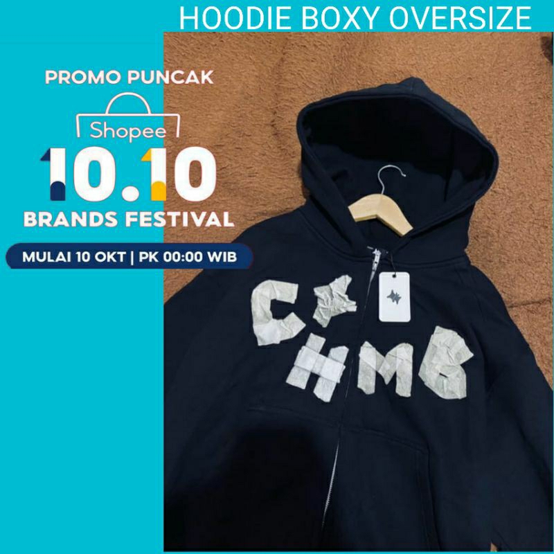 HOODIE ZIP BOXY OVERSIZE FONT KERTAS BLACK & WHITE •CHMB • ZIPPER HOODIE PRIA WANITA OVERSIZE