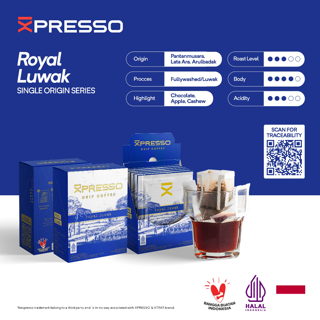 

Drip Bag Coffee Royal Luwak - Xpresso Kopi Drip Bag 5pcs