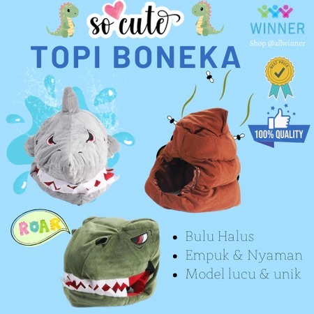 TOPI BONEKA DINO KARAKTER COSPLAY UNIK BENTUK KARTUN HIU POOP Bahan new