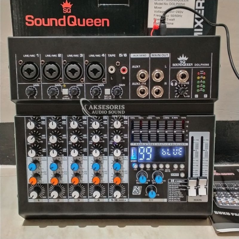 Mixer Soundqueen Dolphin 6 Chanel Efek Digital Reverb 99dsp USB Bluetooth Equaliser Original Produk
