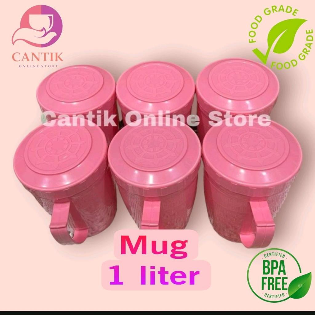 Mug Tutup/Gelas Jumbo/Gelas Tutup plastik Estetik 1 liter BPA Free