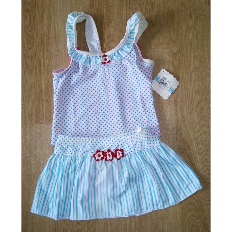 Setelan Renang Cewek Motif Tul2 Biru Kom Putih + Rok -1301 Ukuran Size 10
