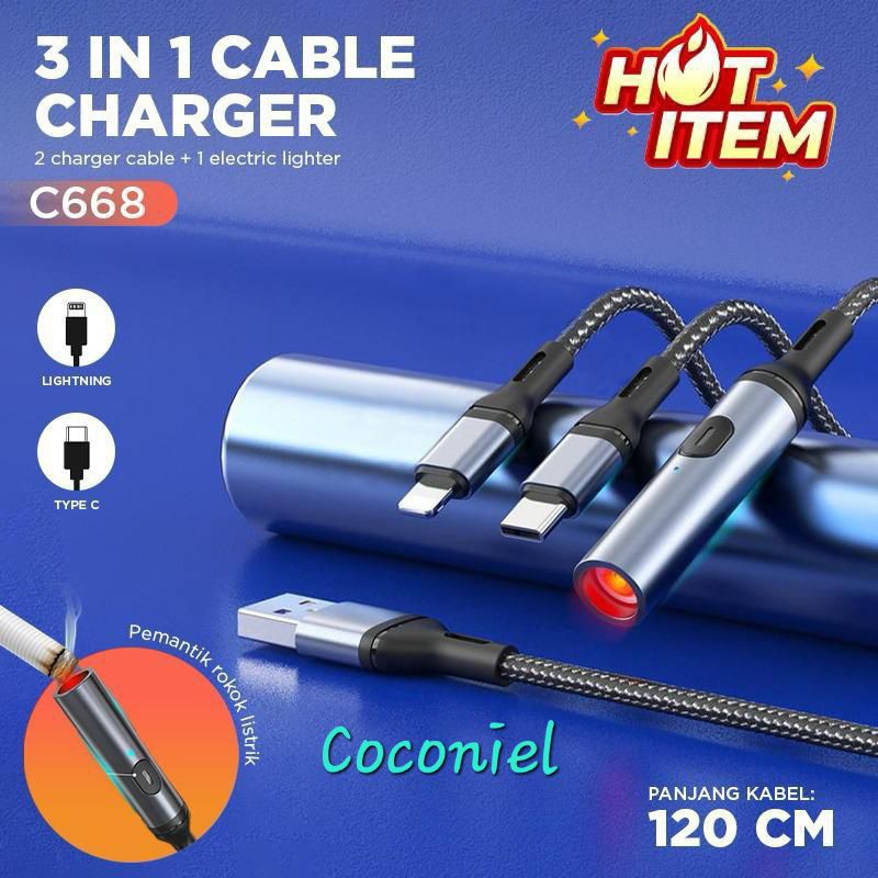 Belanja Rp80RB, Diskon Rp5RBKabel Charging USB 3 in 1 Lightning - Type C - Pemantik Rokok Listrik Fa