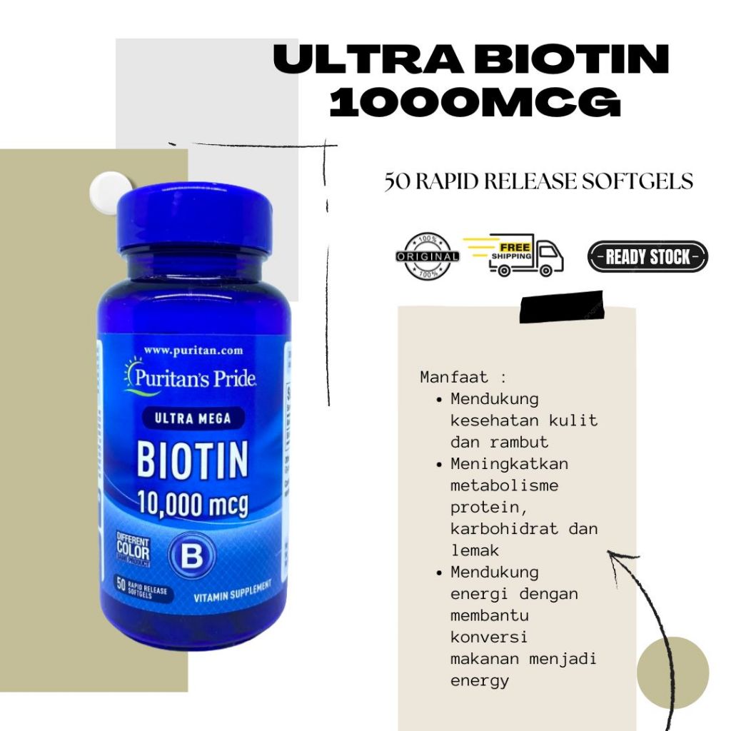 Puritan Pride Biotin 10000mcg 50 Softgels untuk Menumbuhkan Rambut