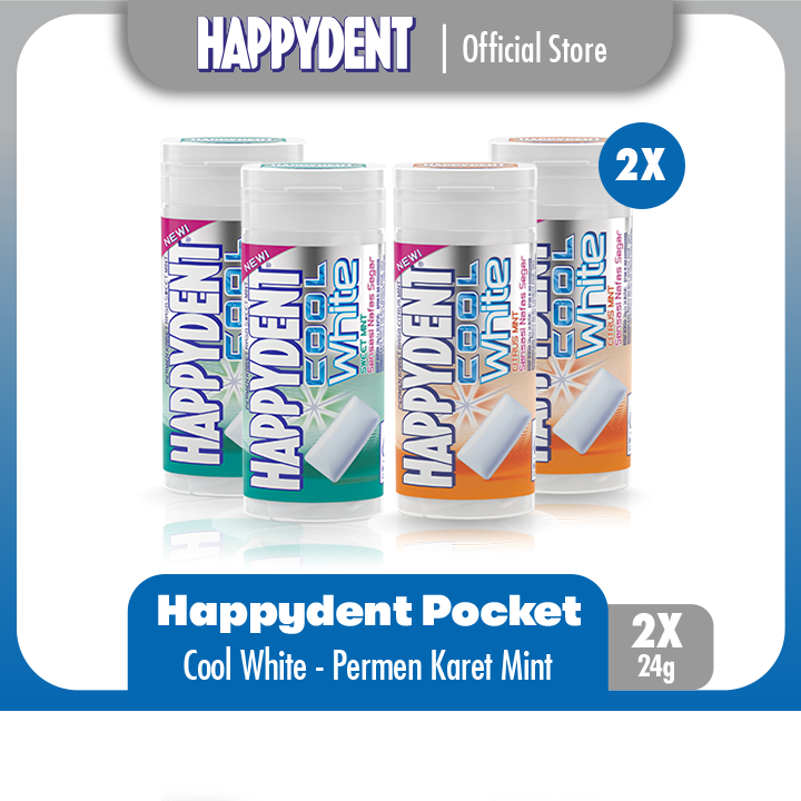 

Happydent Cool White Pocket Bottle Citrus/Sweet Mint 28g - Permen Karet Rasa Jeruk/Manis Mint (2 Bottles)