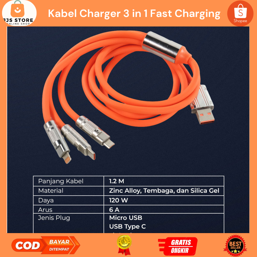 Kabel Charger 3in1 Fast Charging Lightning Micro USB C 1.2M / Kabel Data Tipe C  Fast Charging