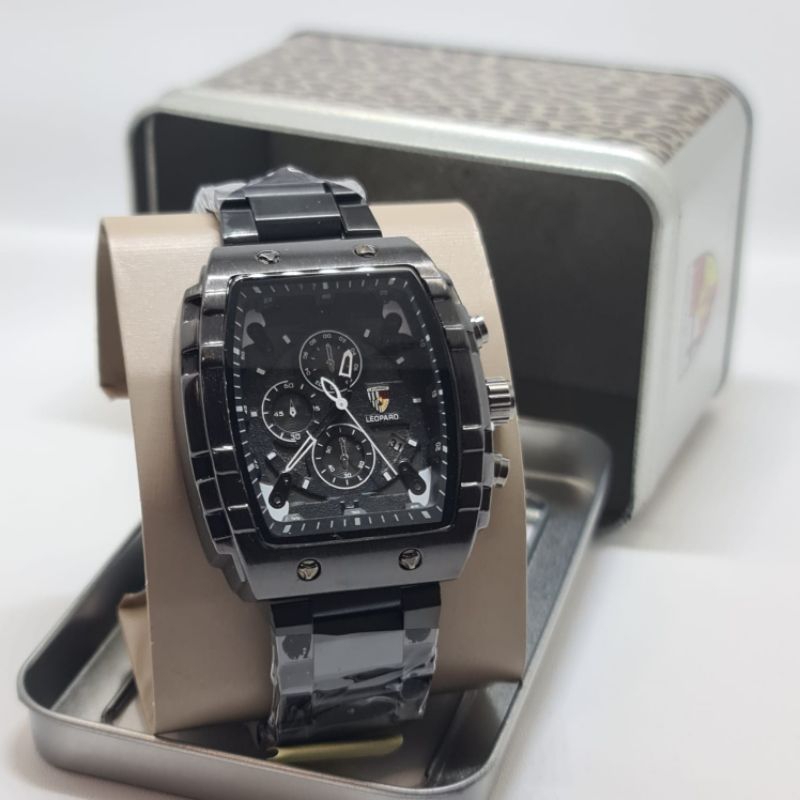 jam tangan fashion original pria leopard cembung sudut chrono variasi SV-8055OR strap rantai tanggal