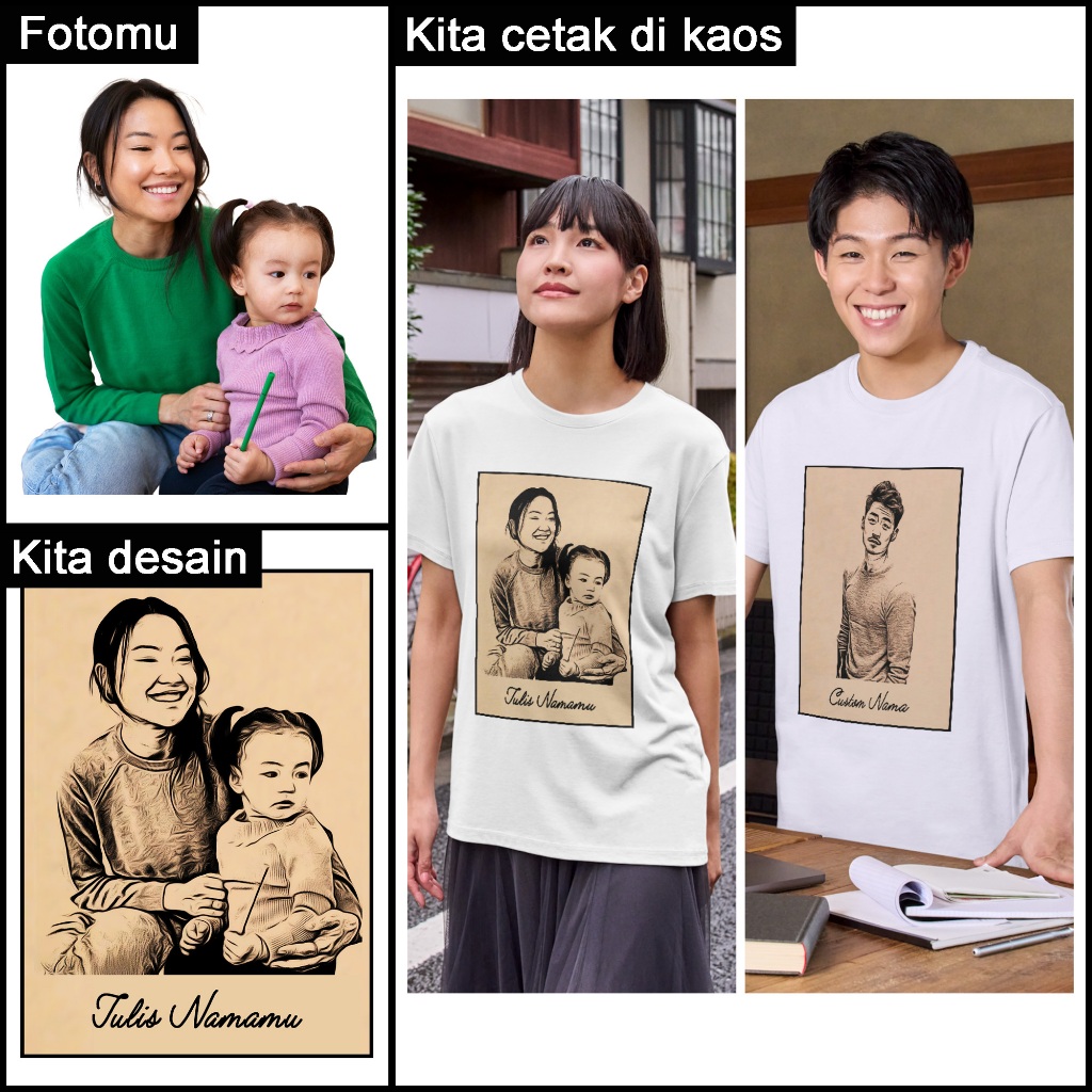Kaos Dewasa Custom Foto. Fotomu Diubah Jadi Gambar Sketsa Karikatur. Bisa Pakai Nama. Bahan Katun Wa