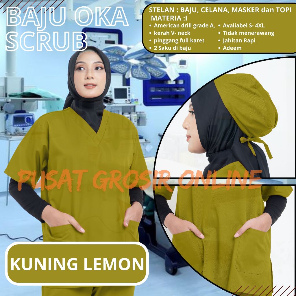Baju Oka Lengan Pendek Baju Jaga OK LENGAN PANJANG Dokter perawat Scrub medis Kuning lemon JUMBO