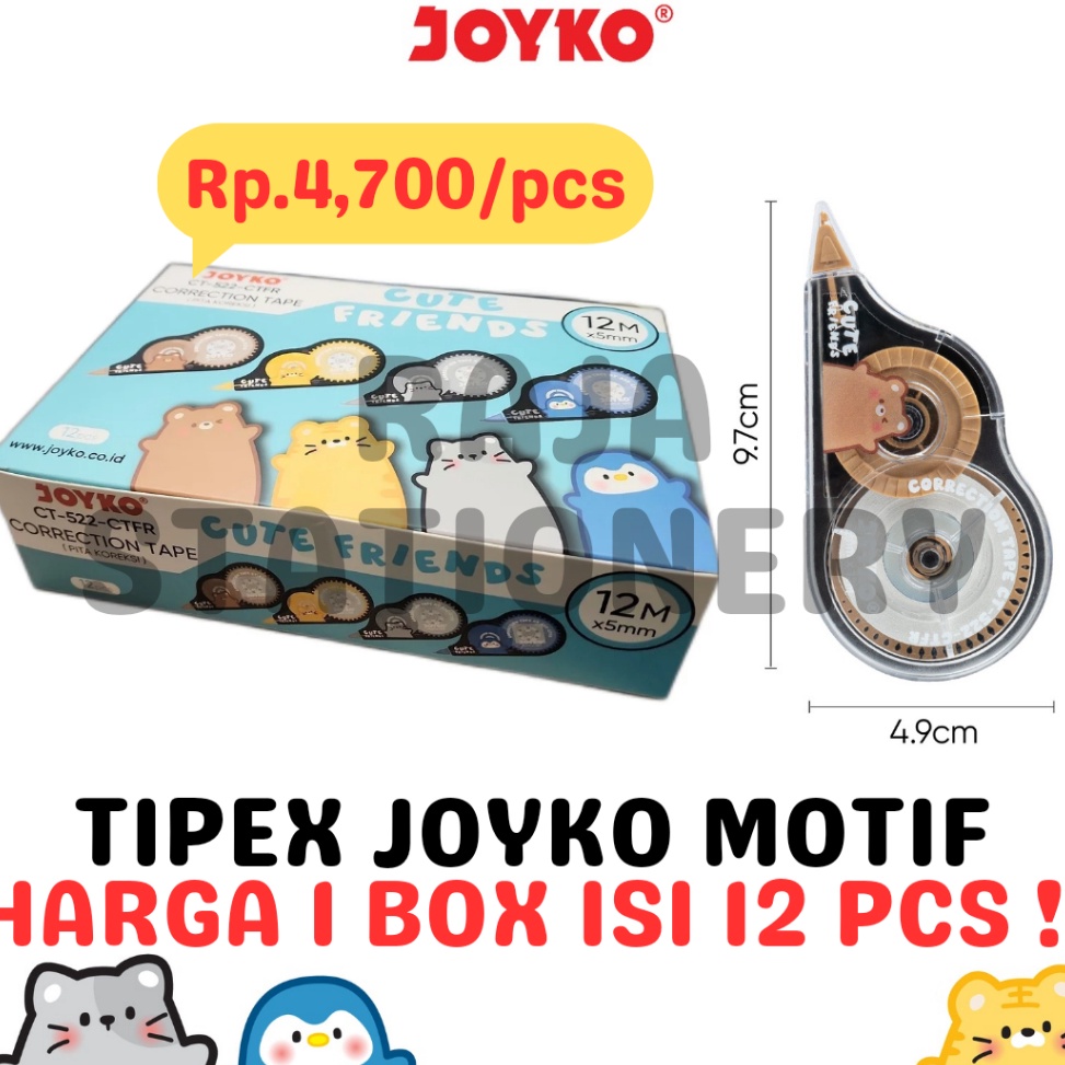 

KODE O19D JOYKO CORRECTION TAPE 12m TIPEX KERTAS JOYKO CT522 MOTIF 12PCS
