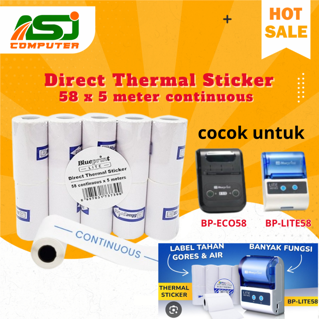 

Direct Thermal Sticker Label BLUEPRINT 58mm x 5 Meter Continuous 1 Roll