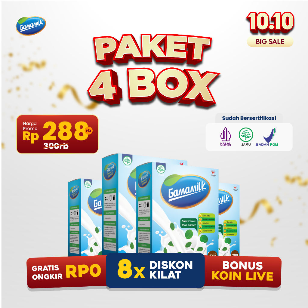 

PAKET 4 BOX GAMAMILK - Susu Kambing Etawa Plus Ekstrak Gamat - HALAL Dan BPOM