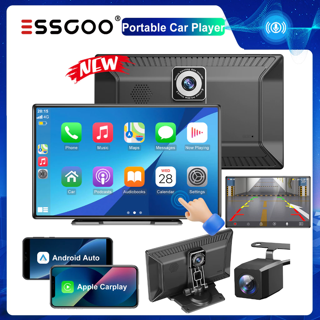 ESSGOO Portable Carplay Head Unit Android 9 inch Layar Wireless Carplay Android Auto Mirror Link