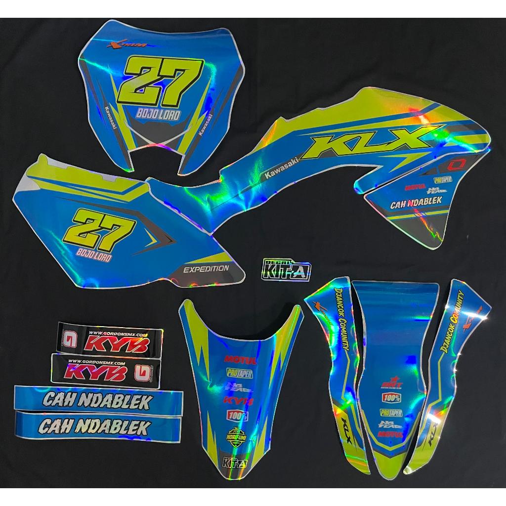 Stiker KLX BF 150 decal setiker KLX BF stiker motor MOTIF biru kuning hologram chrome D-A3-463