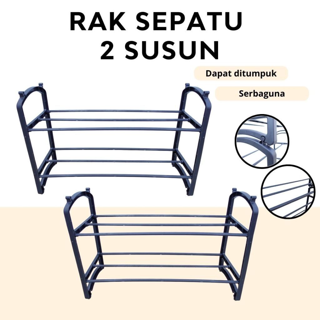 Rak 2 Susun Pipa Hitam Trilins Serbaguna - Rak Sepatu Plastik 2 Susun - Rak Sepatu - Rak Buku - Rak 